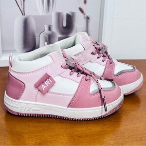 Pink and White High-Top Basketball Sneakers with Lace-Up Closure